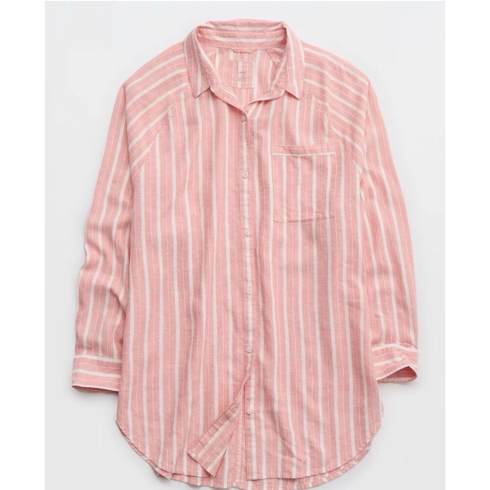 Aerie Linen Blend Coverup Shirt XS Oversized Pink White Striped Beach Coastal